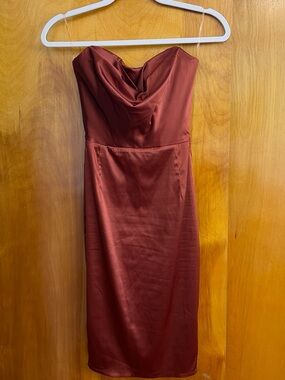 Oh Polly Strapless Cowl Neck Satin Dress in Burgundy